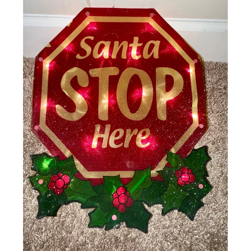 Impact Innovations Santa Stop Here Lighted Window Sign Good Red Gold Glitter